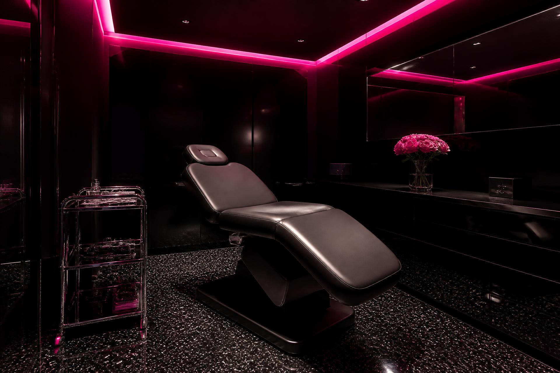 Interior of a sleek, modern med spa reception with glossy black accents and soft lighting