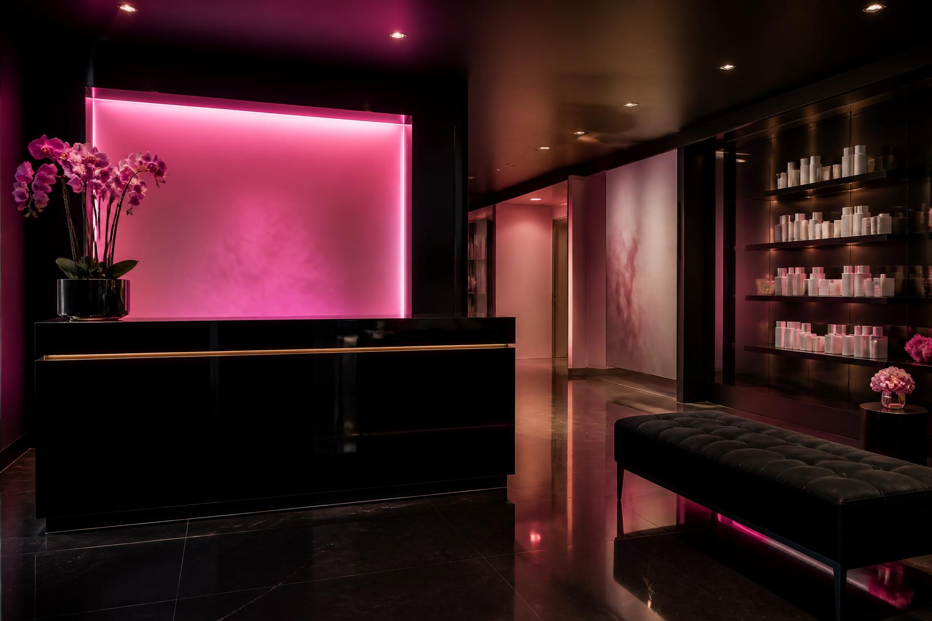 Sleek modern med spa reception and waiting area with glossy black finishes