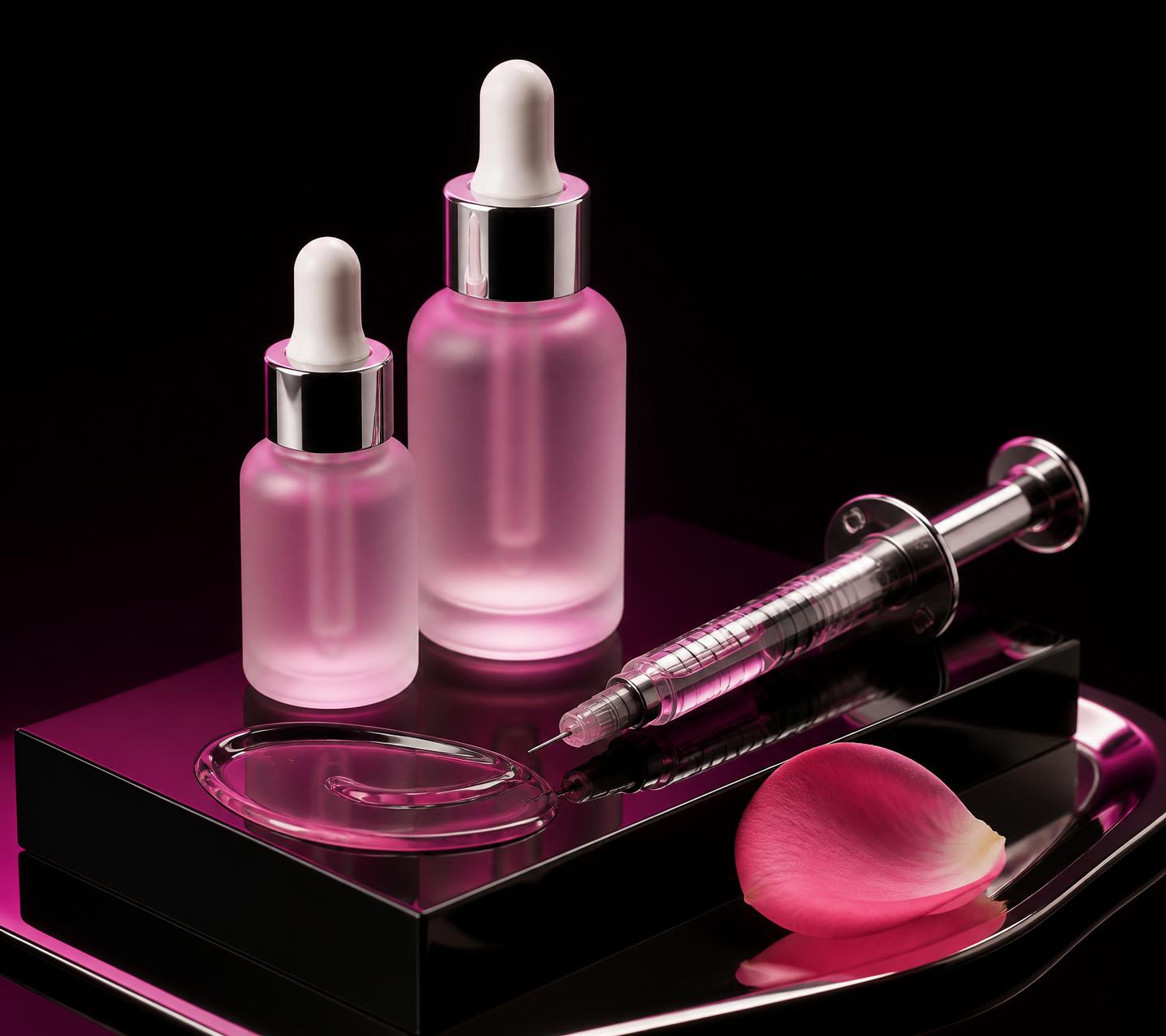 Skincare serums, a jade roller, and fresh florals styled on a glossy surface